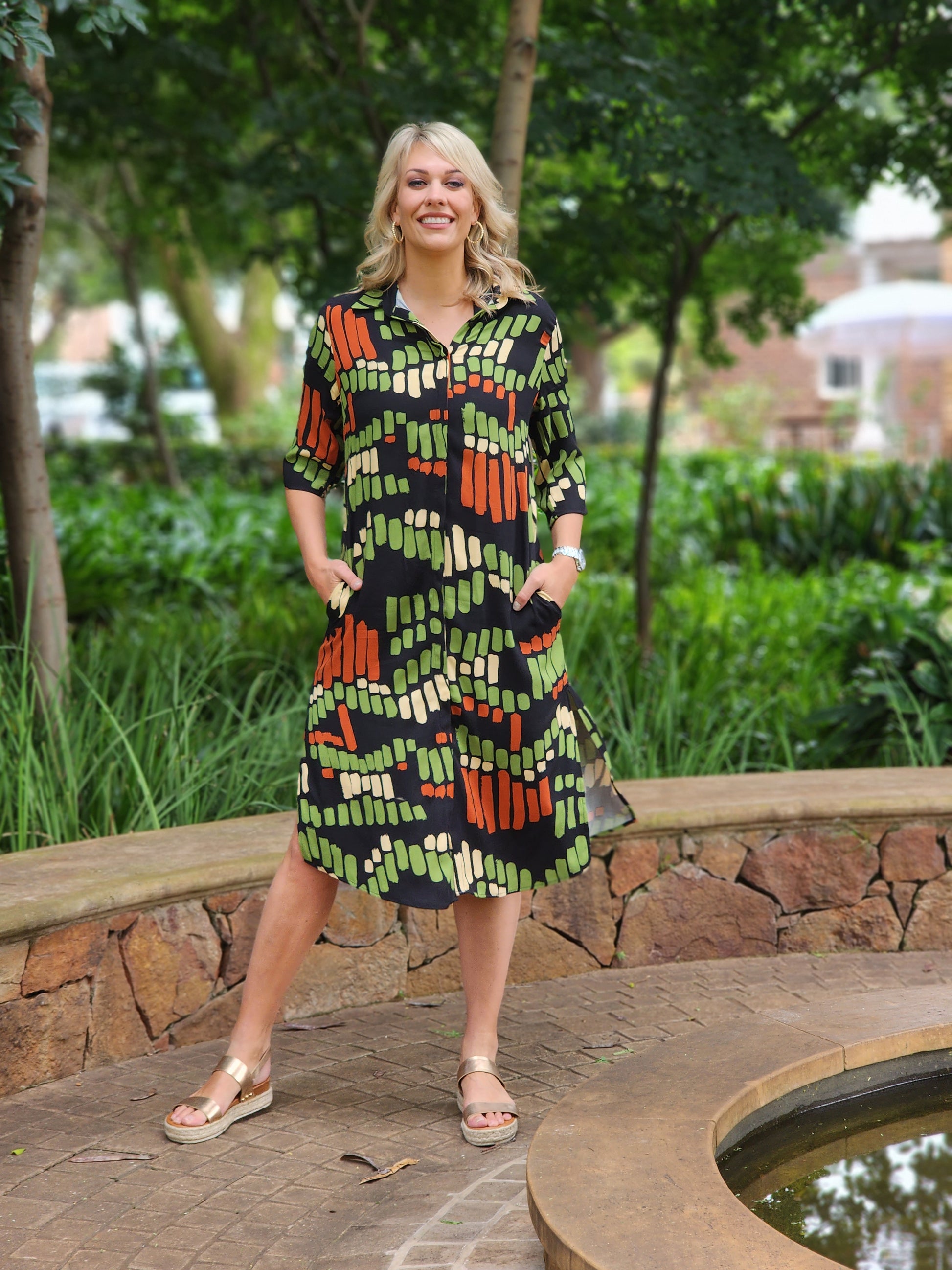Geographic print shirt dress with pockets